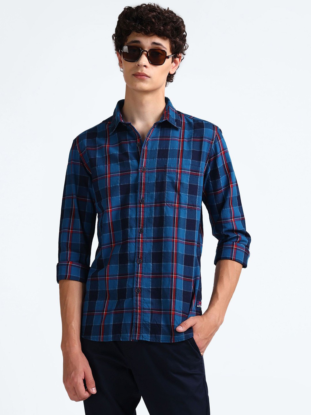 

Flying Machine Men Slim Fit Tartan Checks Casual Shirt, Blue