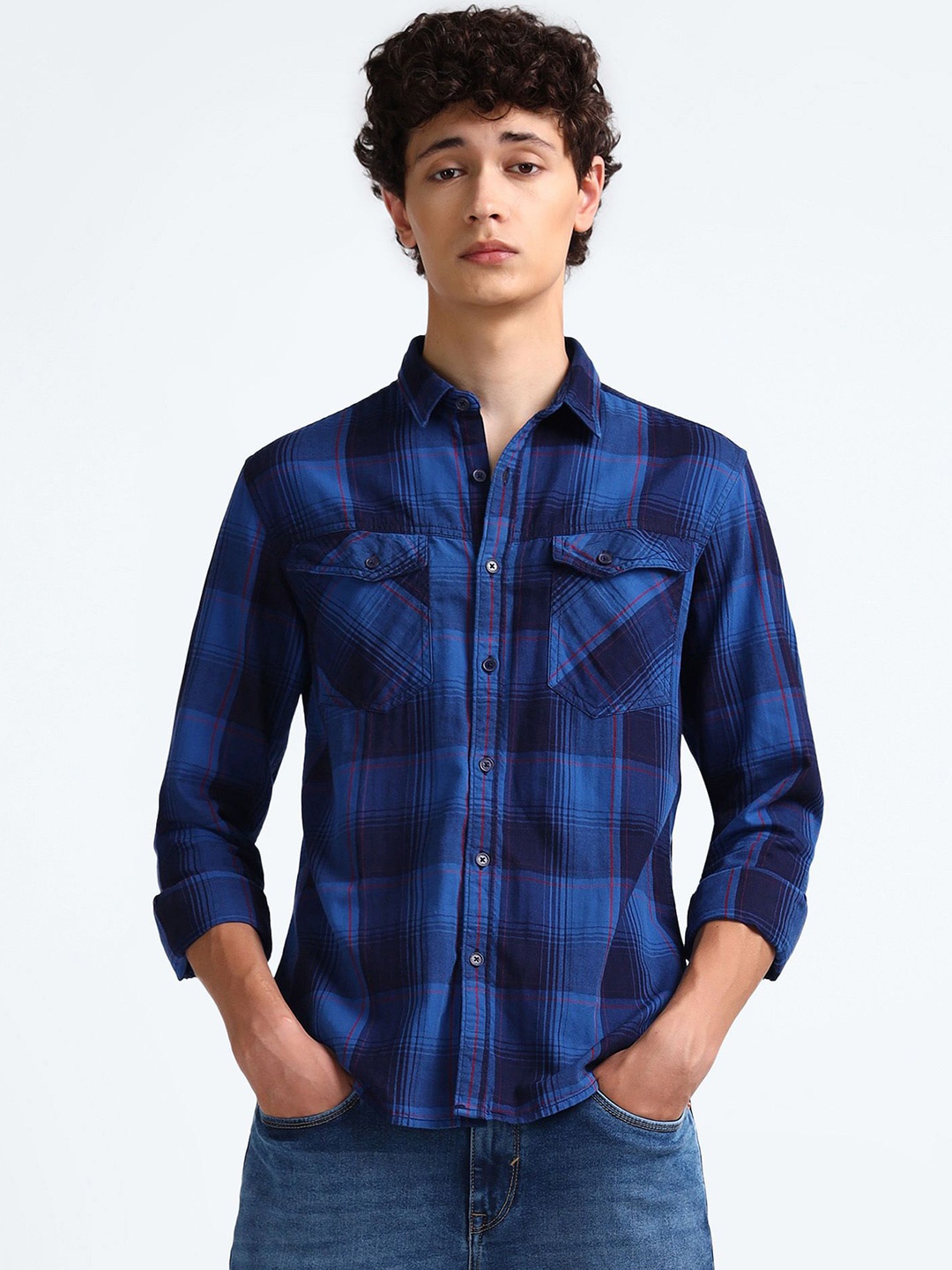 

Flying Machine Men Tartan Checks Casual Shirt, Blue