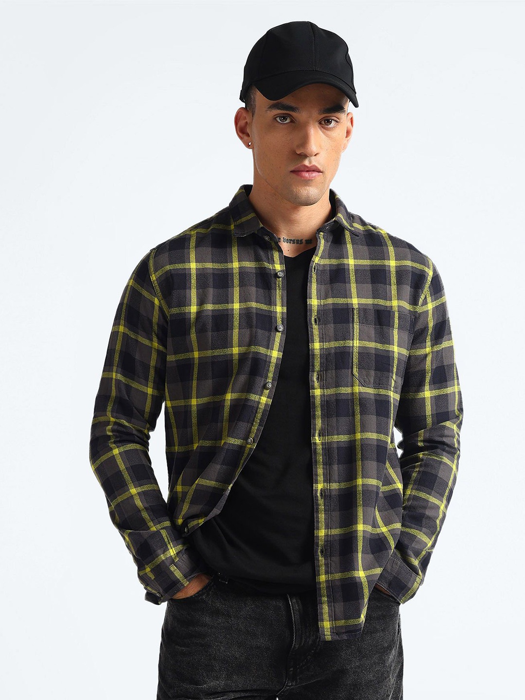 

Flying Machine Men Tartan Checks Casual Shirt, Grey