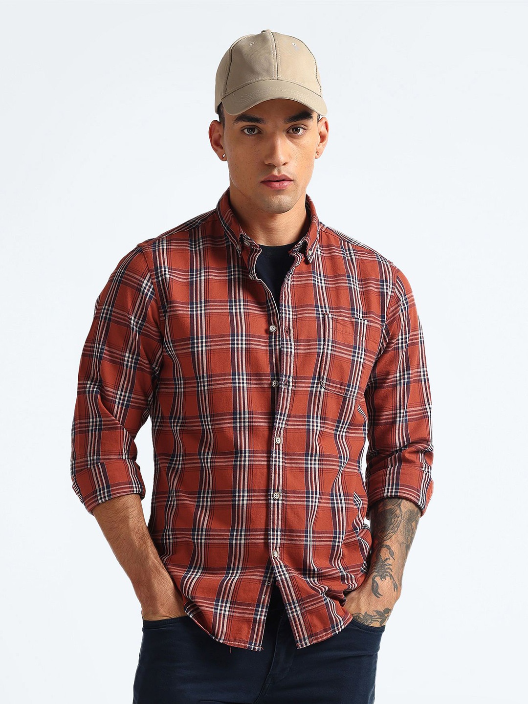 

Flying Machine Men Tartan Checks Pure Cotton Casual Shirt, Orange