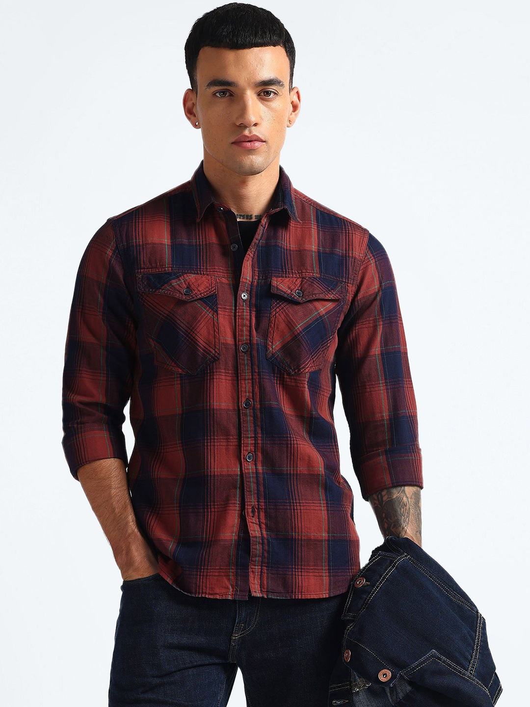 

Flying Machine Men Tartan Checks Casual Shirt, Red
