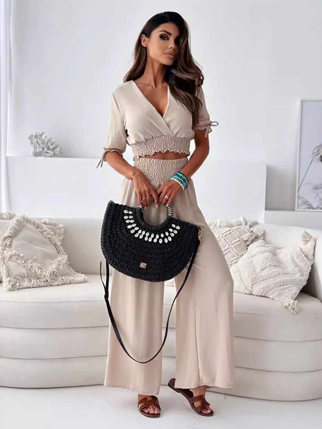 

StyleCast V-Neck Top With Trouser, Beige