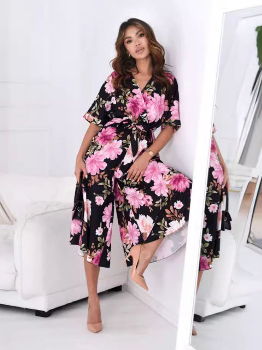 

StyleCast Black & Pink Floral Printed Culotte Jumpsuit