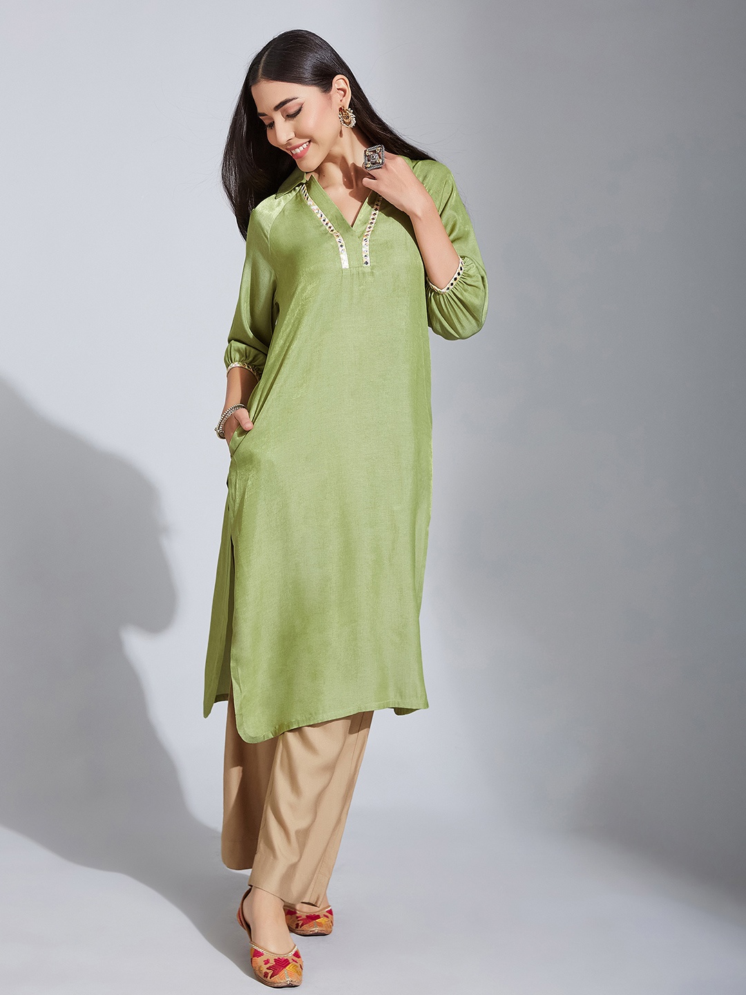 Life With Pockets Mirror Work Puff Sleeves Shirt Collar Straight Kurta, Green