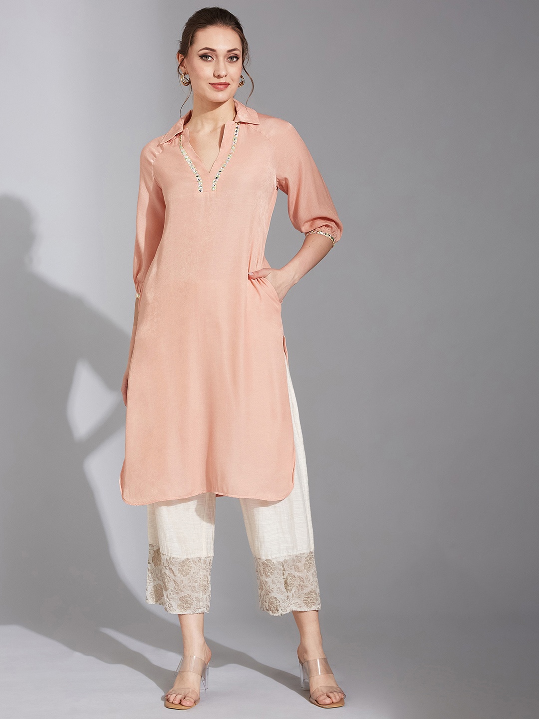 

Life With Pockets Shirt Collar Puff Sleeves Mirror Work Pathani Kurta, Peach