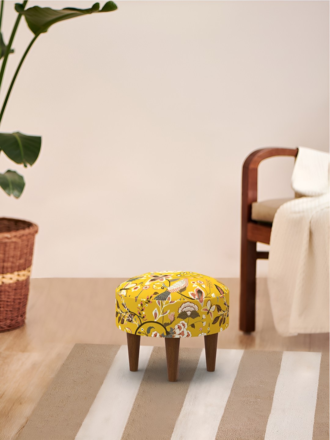

Chumbak Yellow Printed Wooden Ottomans