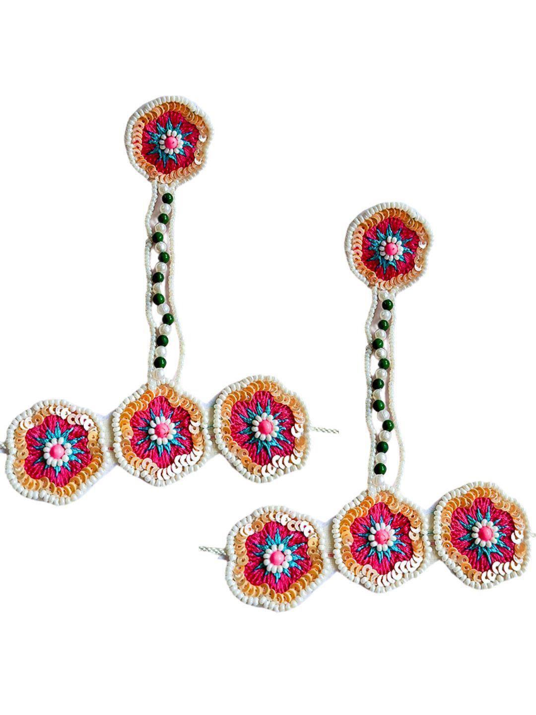 

Sangria Red Set Of 2 Floral Beaded Haathphool Ring Bracelets, Gold