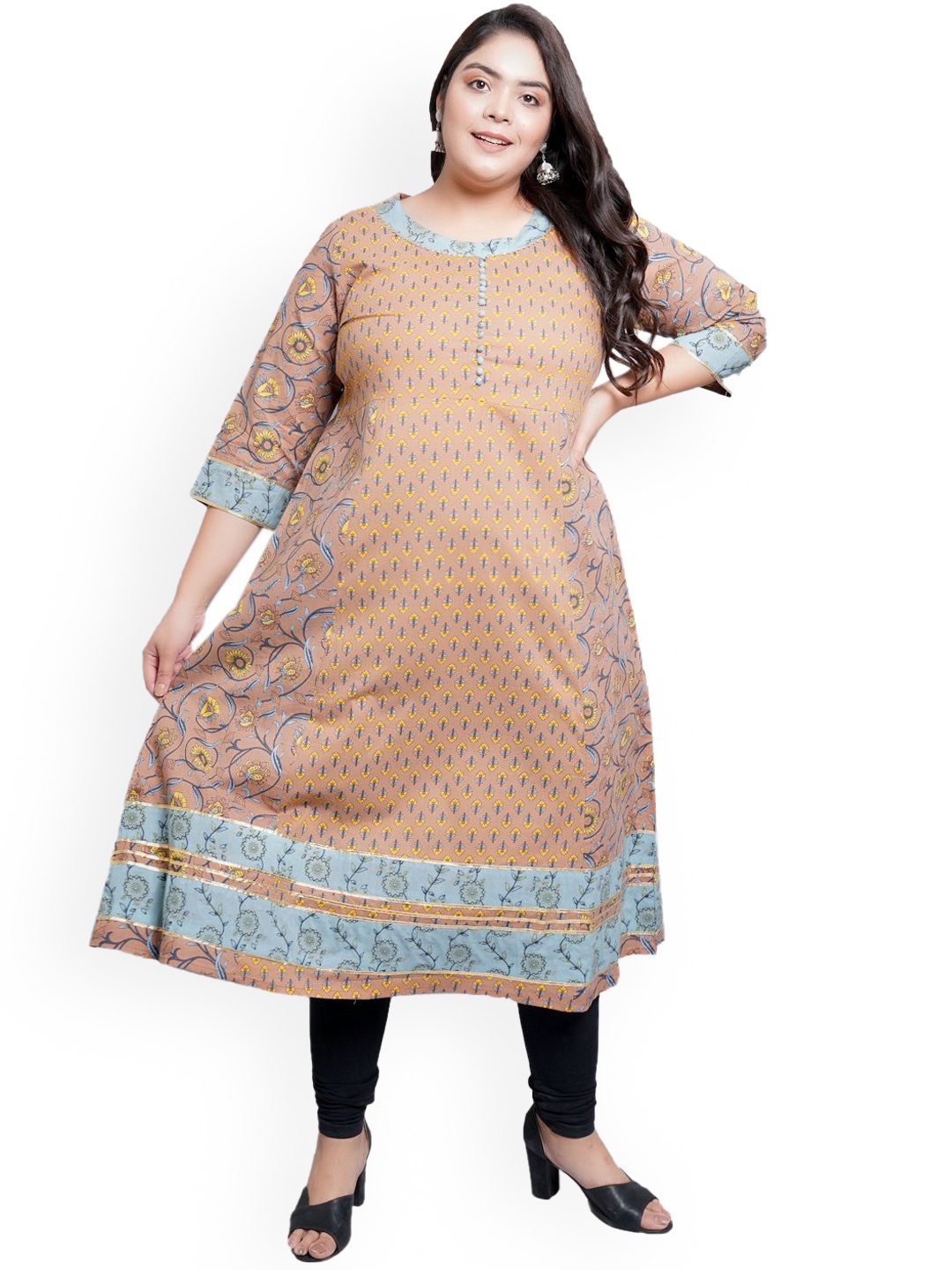 

KALINI Plus Size Floral Printed Round Neck A-Line Anarkali Kurta, Beige
