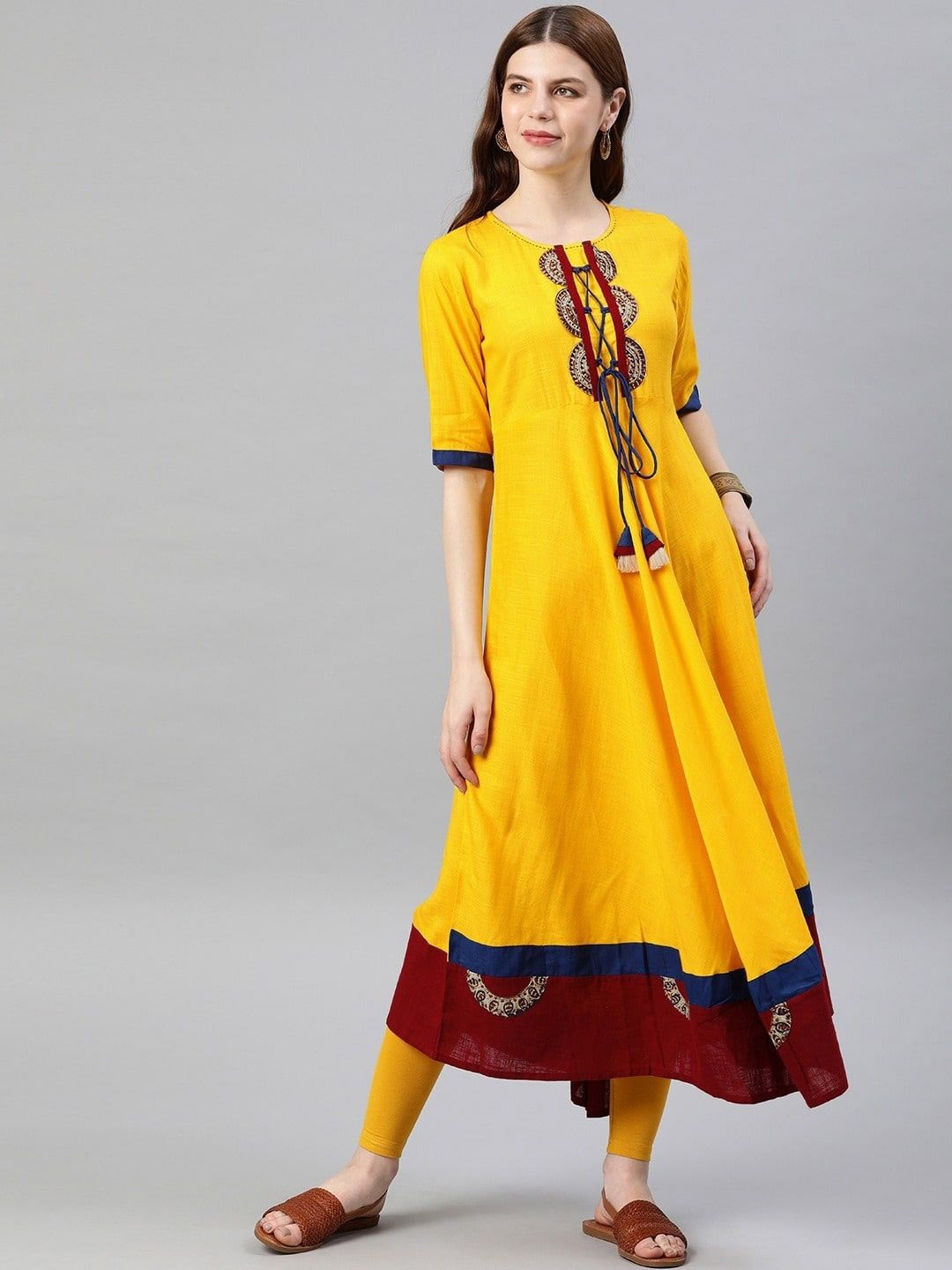 

KALINI Yoke Design Thread Work Anarkali Kurta, Mustard