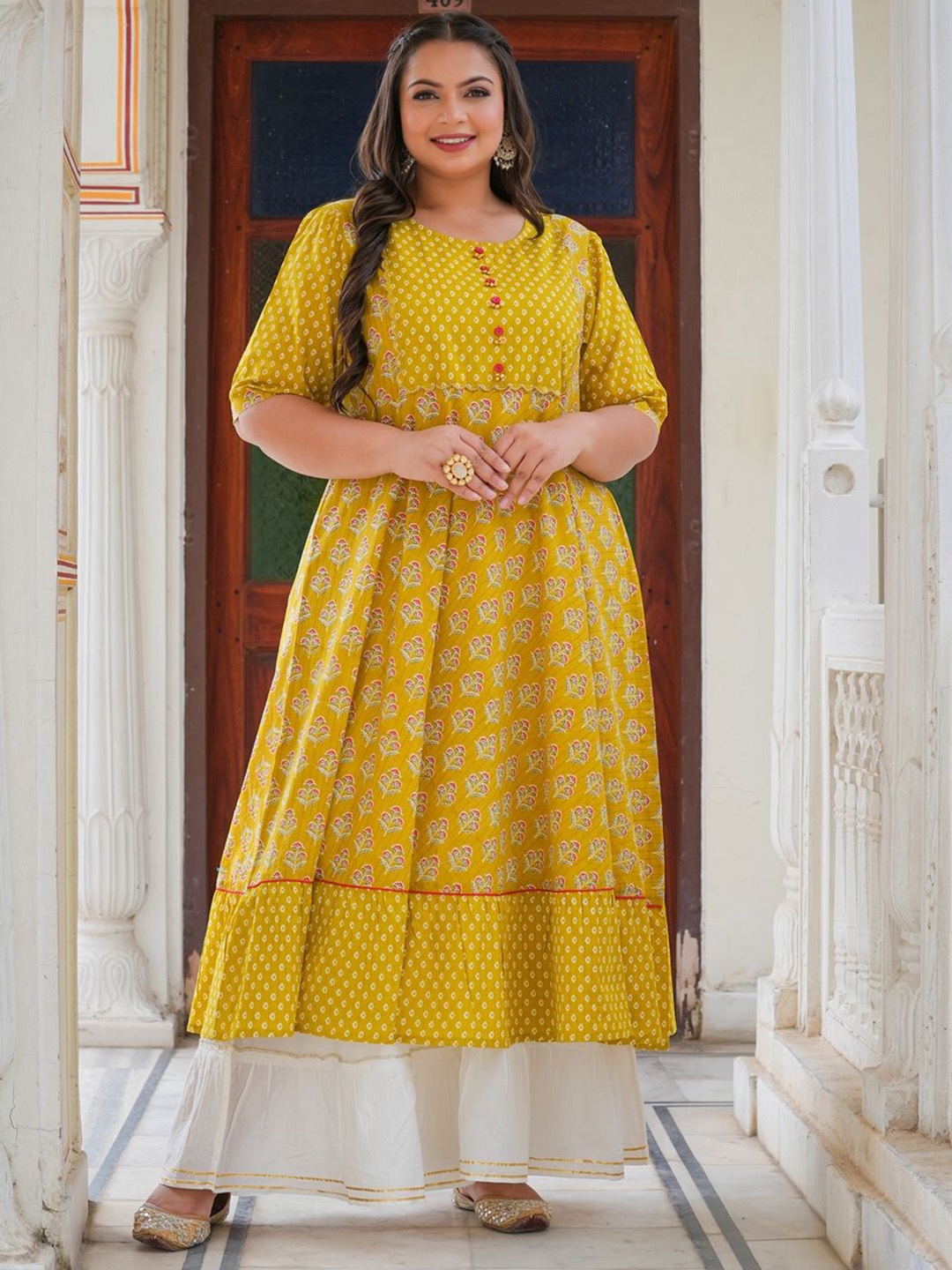 

KALINI Plus Size Ethnic Motifs Printed Round Neck Cotton Anarkali Kurta, Mustard