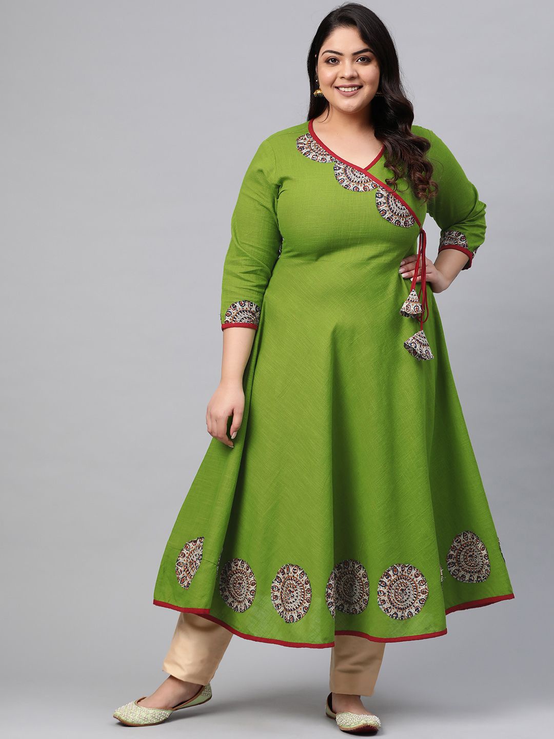 

KALINI Plus Size Floral Yoke Design Thread Work Cotton Anarkali Kurta, Green