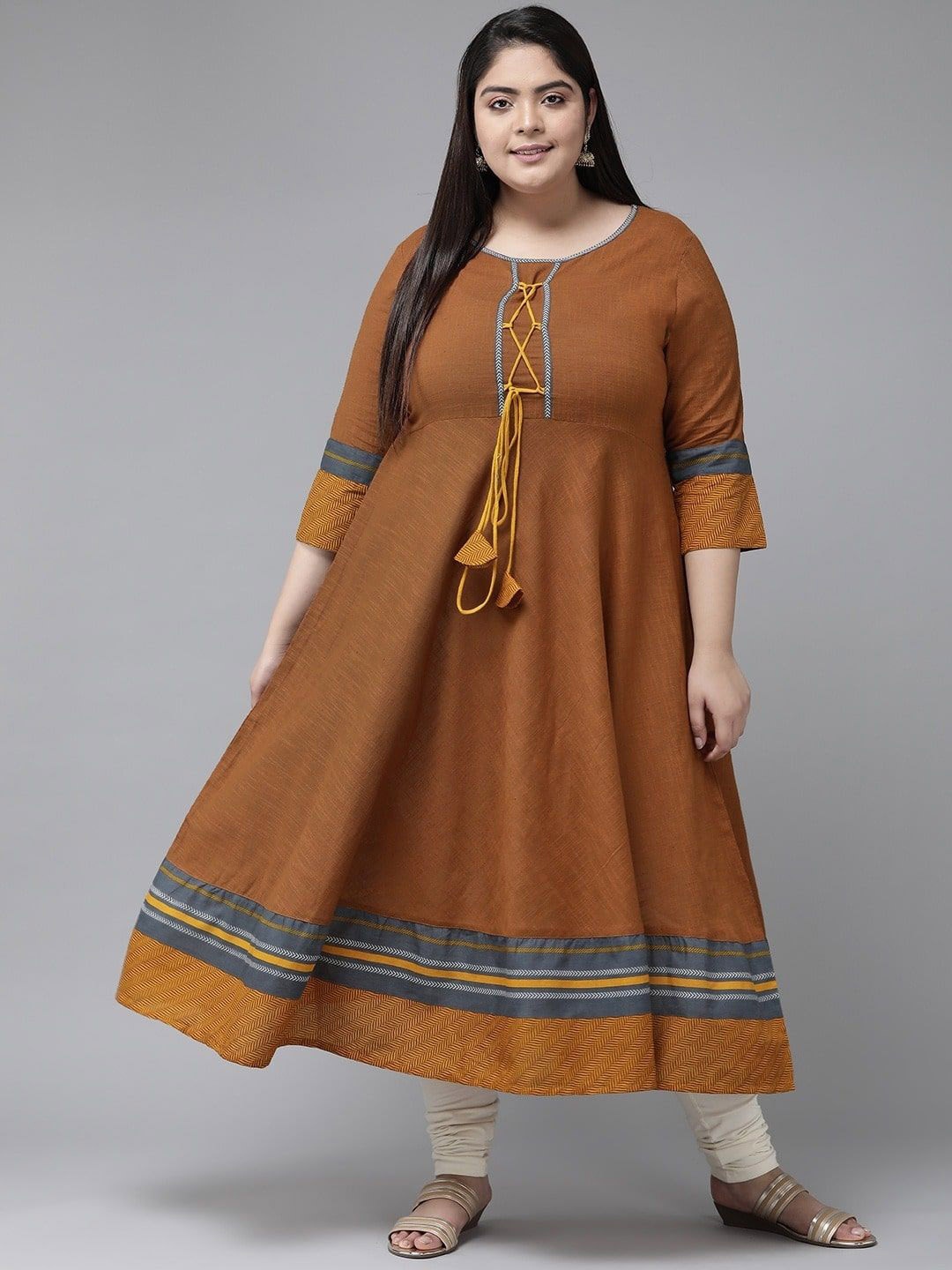 

KALINI Plus Size Round Neck Cotton Anarkali Kurta, Brown