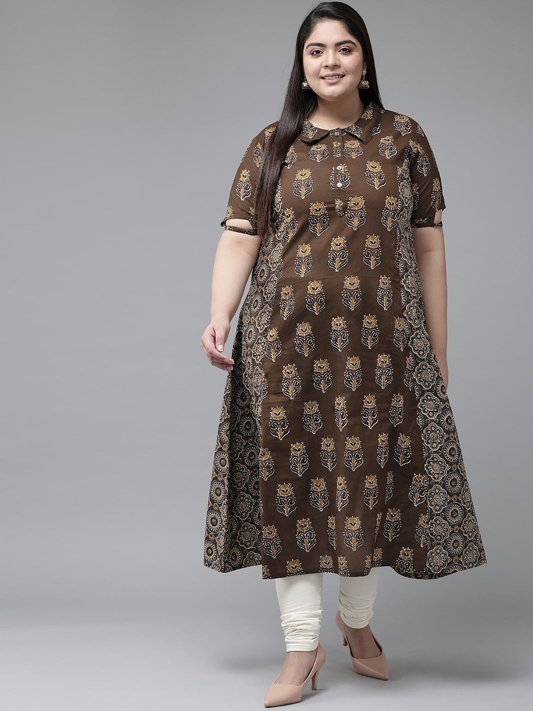 

KALINI Plus Size Floral Printed Shirt Collar Cotton A Line Kurta, Brown