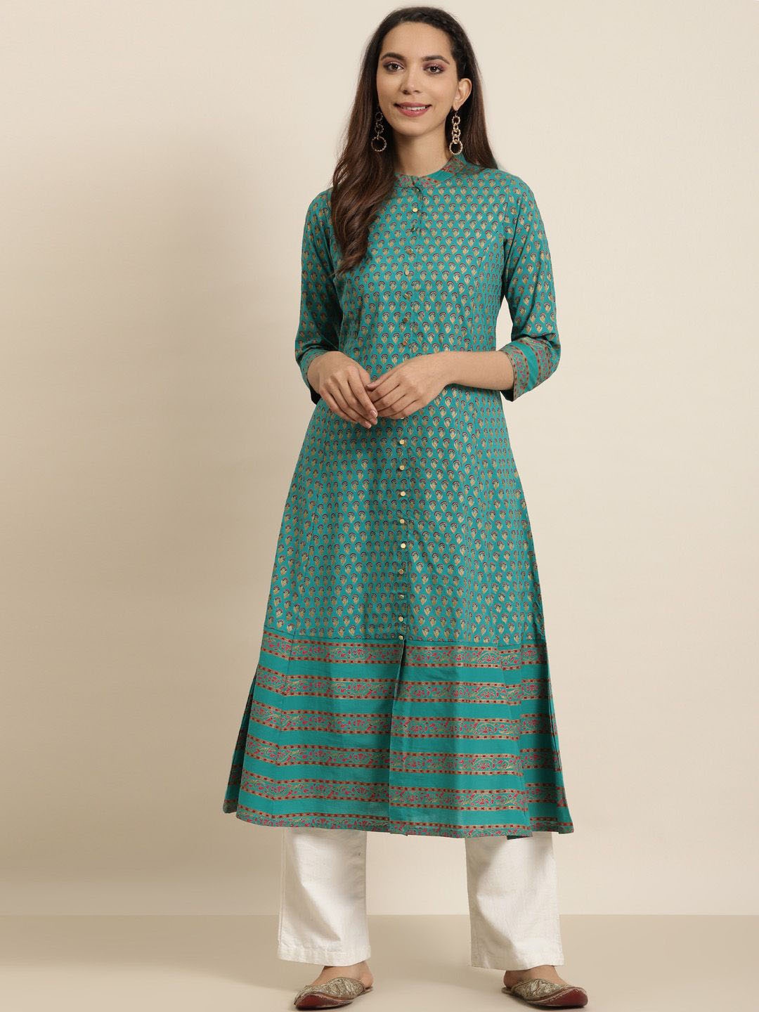

KALINI Floral Printed Mandarin Collar Cotton A Line Kurta, Green