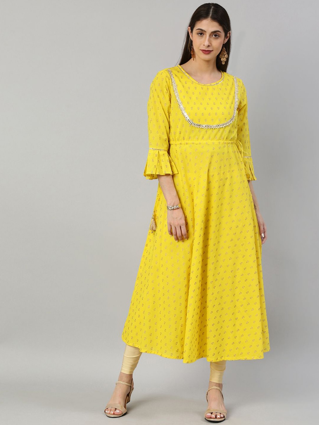 

KALINI Ethnic Motifs Printed Flared Sleeves Zari Empire Anarkali Kurta, Yellow