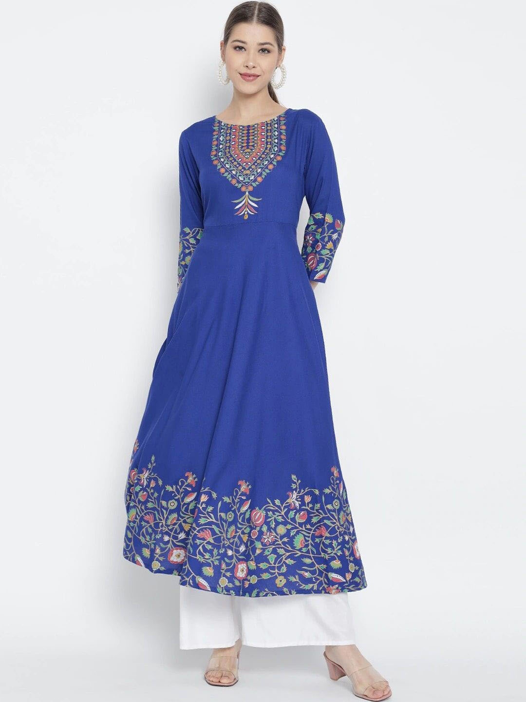 

KALINI Ethnic Motifs Printed Yoke & Border Long Sleeves Empire Anarkali Kurta, Blue