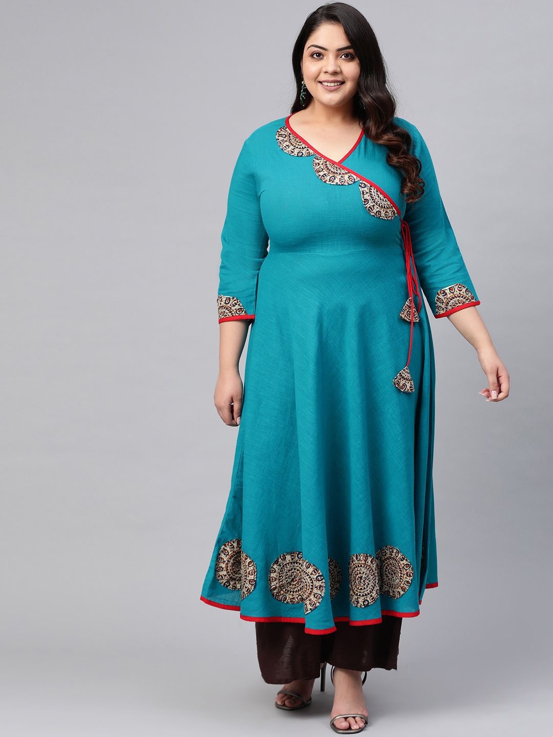 

KALINI Plus Size Ethnic Motifs V-Neck Anghrakha Anarkali Kurta, Teal