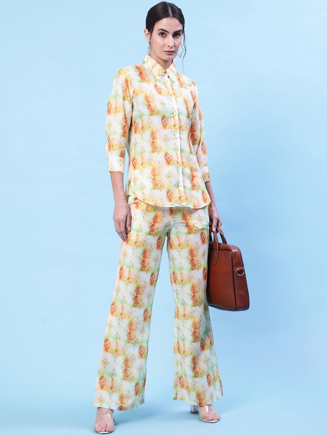 

THE52 Printed Shirt Collar Cotton Silk Tunic with Trouser, Yellow
