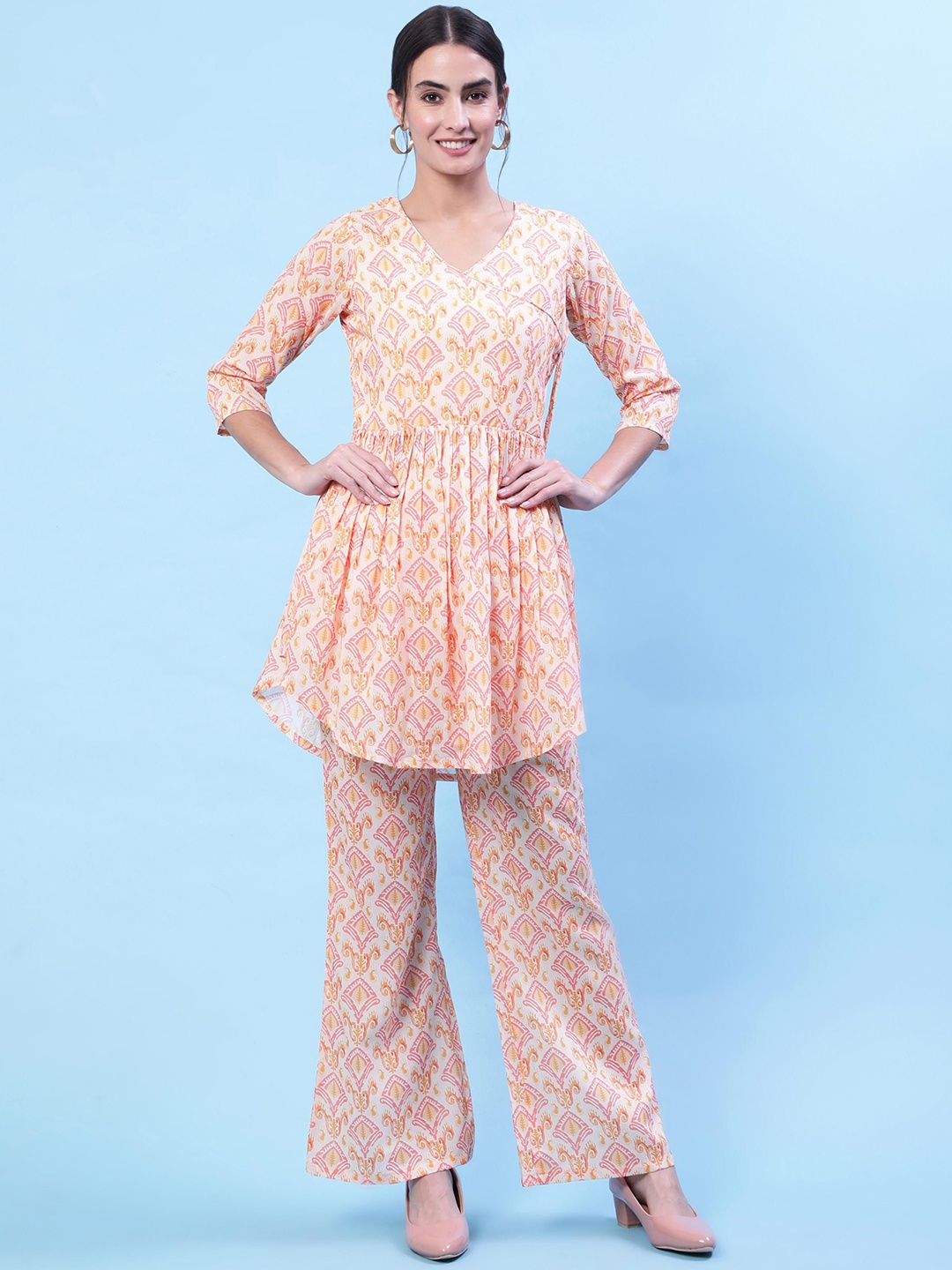 

THE52 Printed V-Neck Cotton & Silk Top With Trousers, Orange