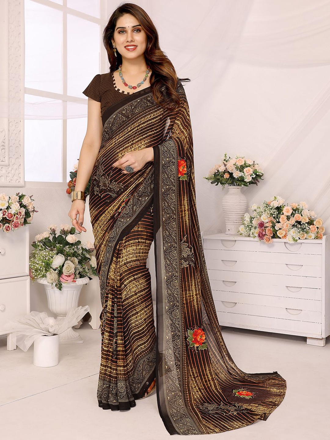 

ANAND SAREES Striped Floral Pure Georgette Saree, Brown