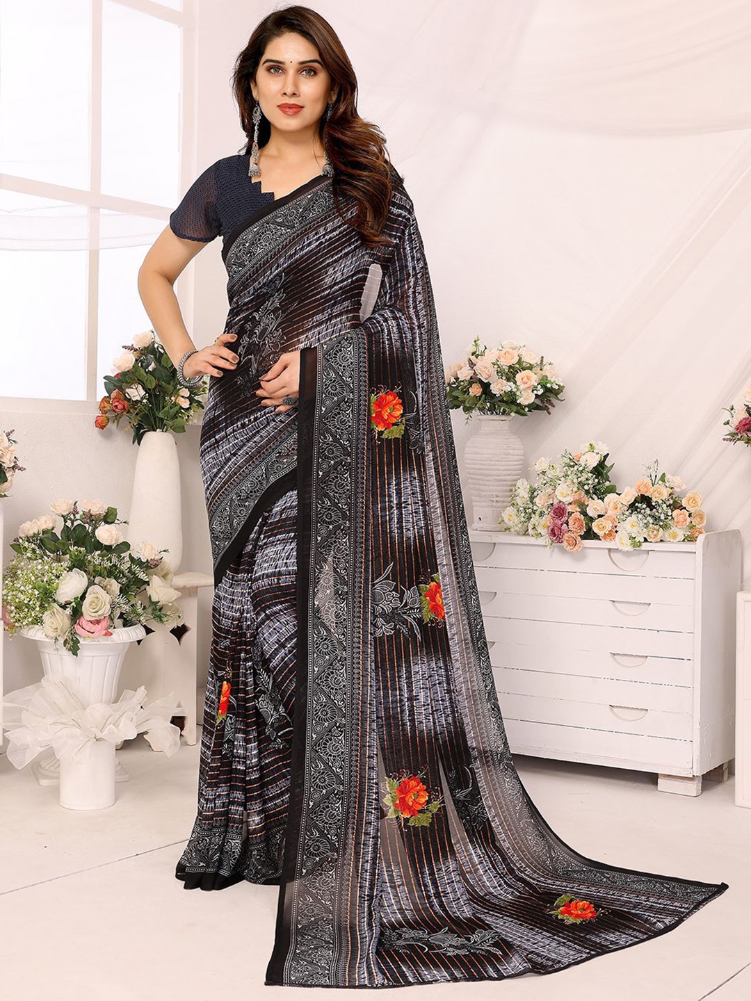 

Moda Rapido Ethnic Motif Striped Pure Georgette Saree, Black