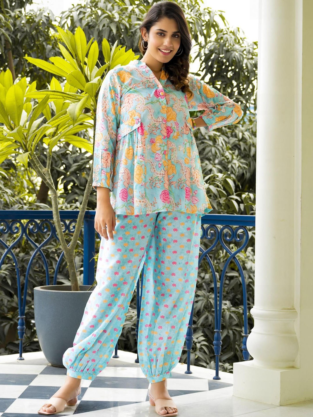 

THE52 Floral Printed Mandarin Collar Tunic & Trousers, Blue
