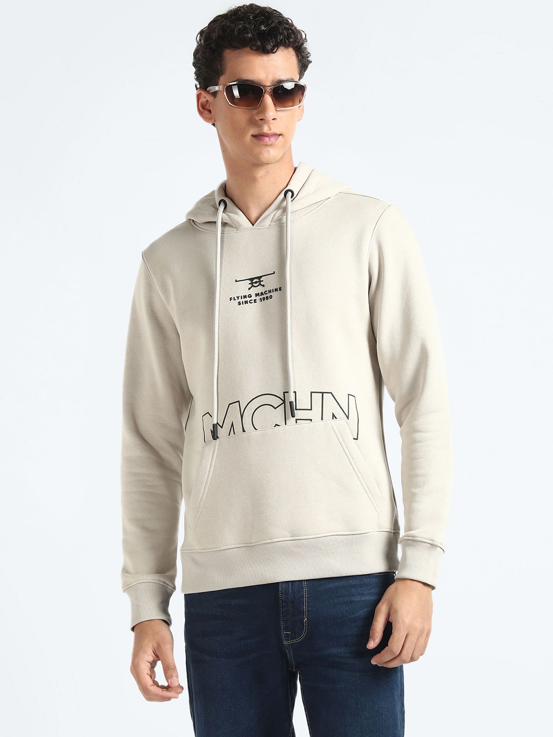 

Flying Machine Men Printed Hooded Sweatshirt, Beige
