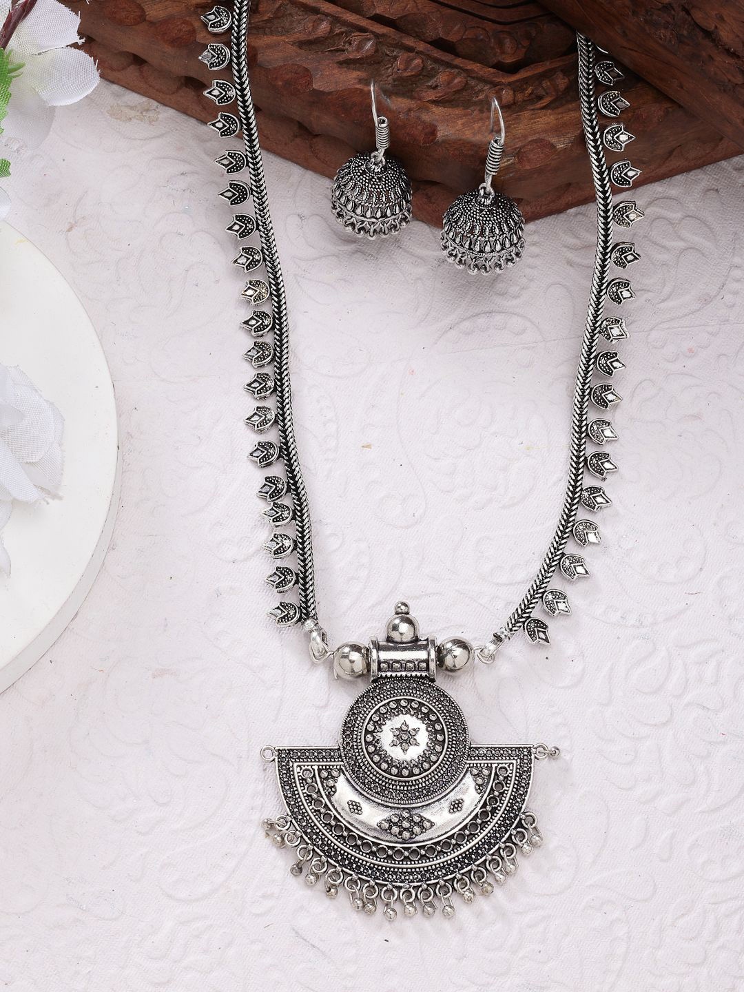 

NVR German Silver Plated Stone-Studded Oxidised Jewellery Set