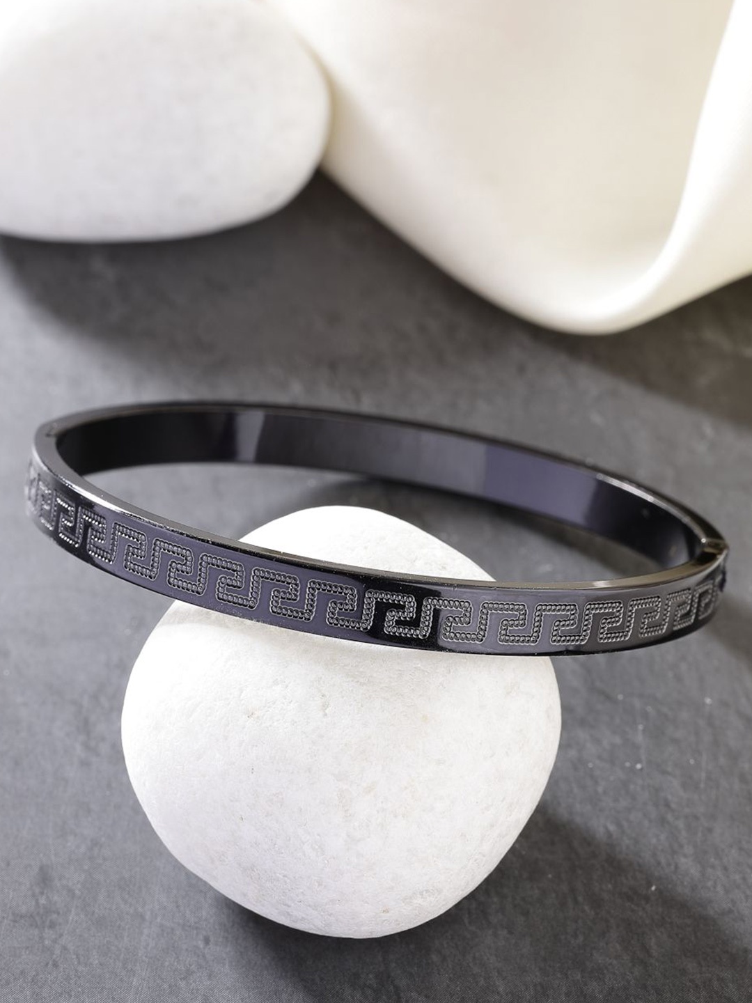 

NVR Men Rhodium-Plated Stainless Steel Kada Bracelet, Black