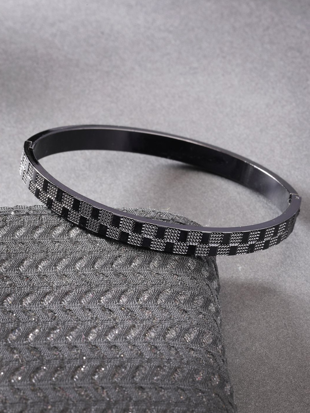 

NVR Men Rhodium-Plated Stainless Steel Kada Bracelet, Black