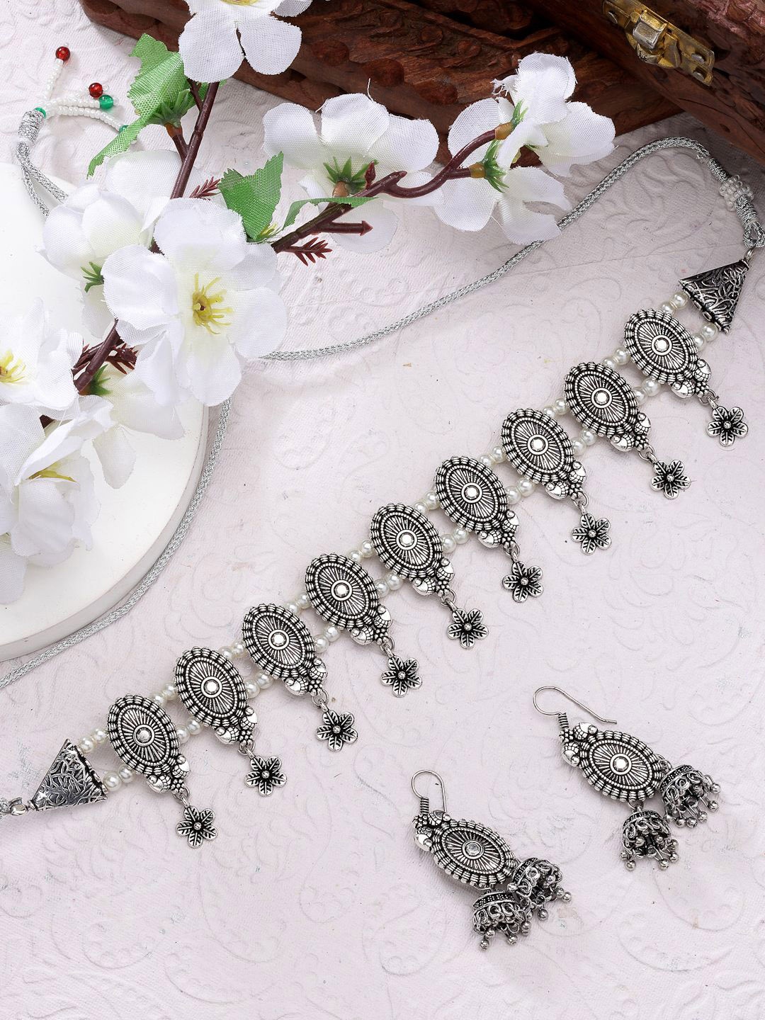 

NVR Silver-Plated Stone-Studded Oxidised Jewellery Set