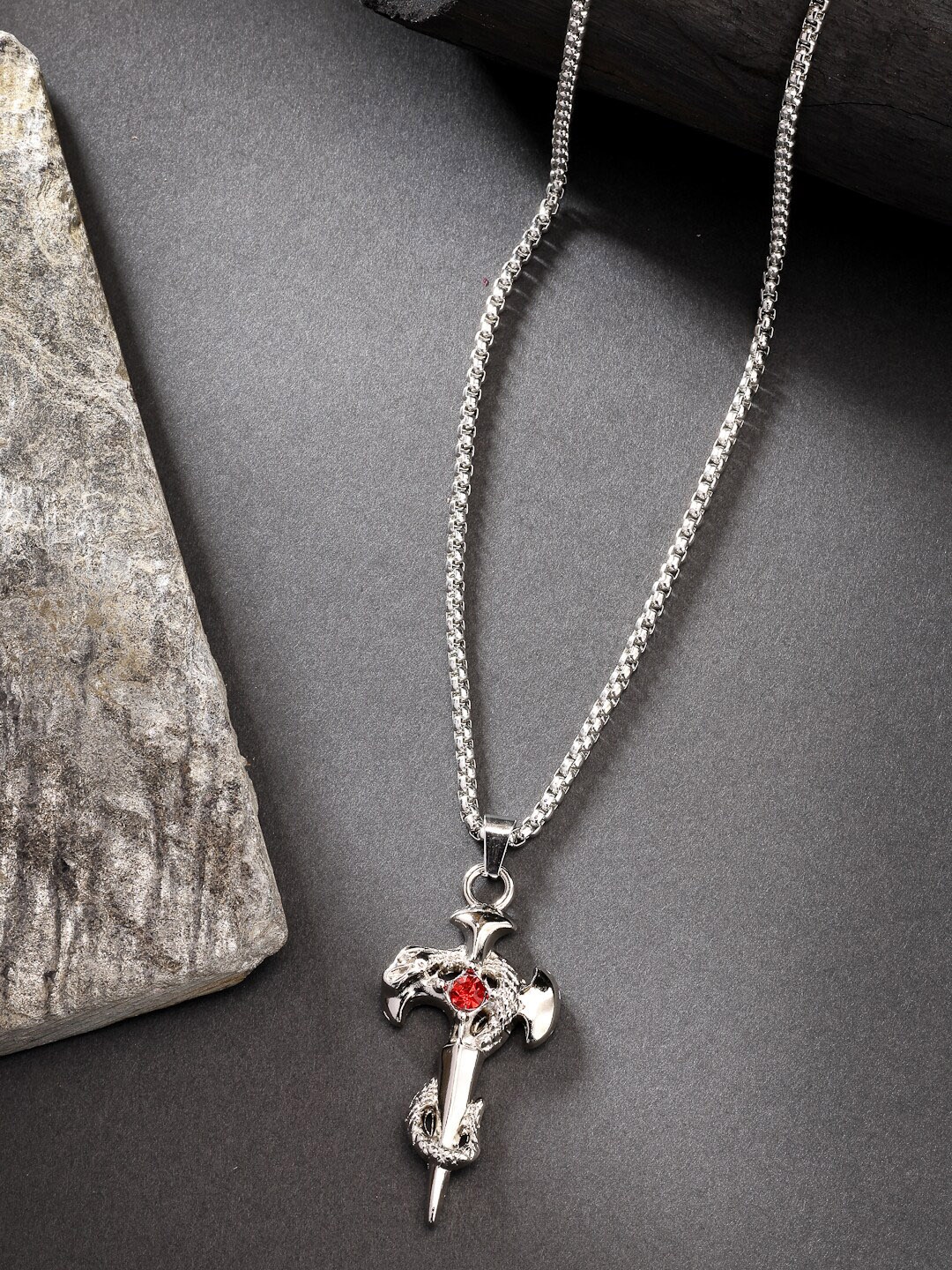 

NVR Men Silver-Plated Stainless Steel Stones Studded Quirky Pendant with Chain