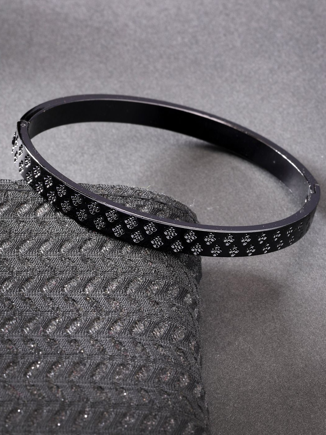 

NVR Men Rhodium-Plated Stainless Steel Kada Bracelet, Black