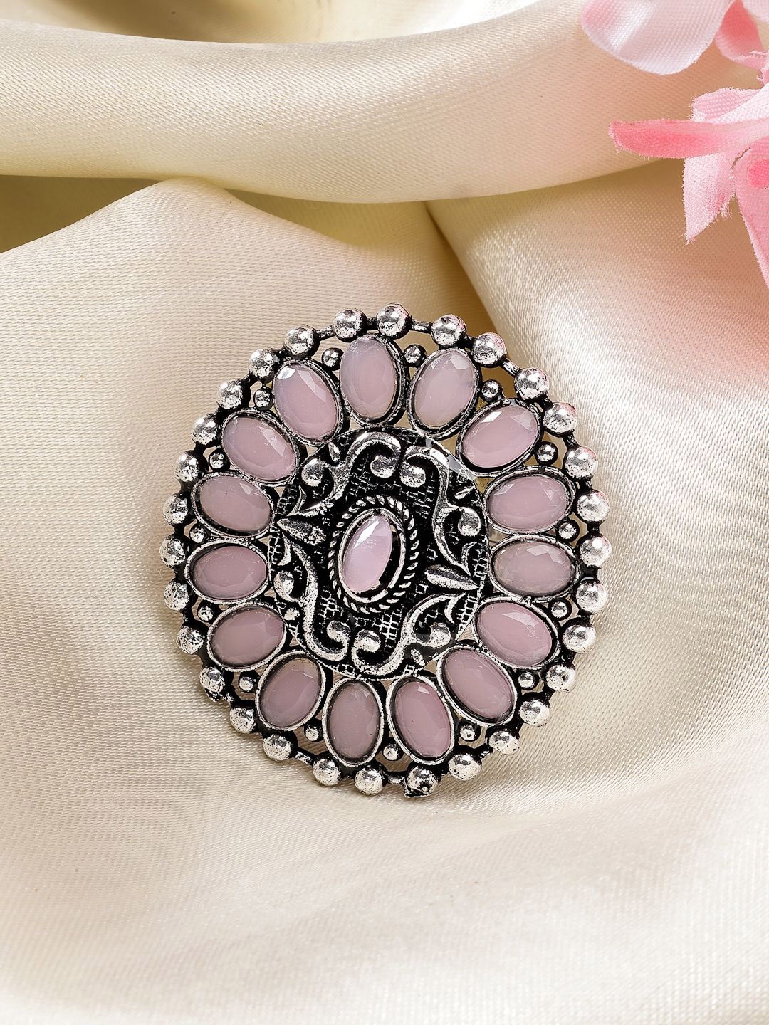 

NVR Silver-Plated Stones Studded Circular Adjustable Oxidised Finger Ring
