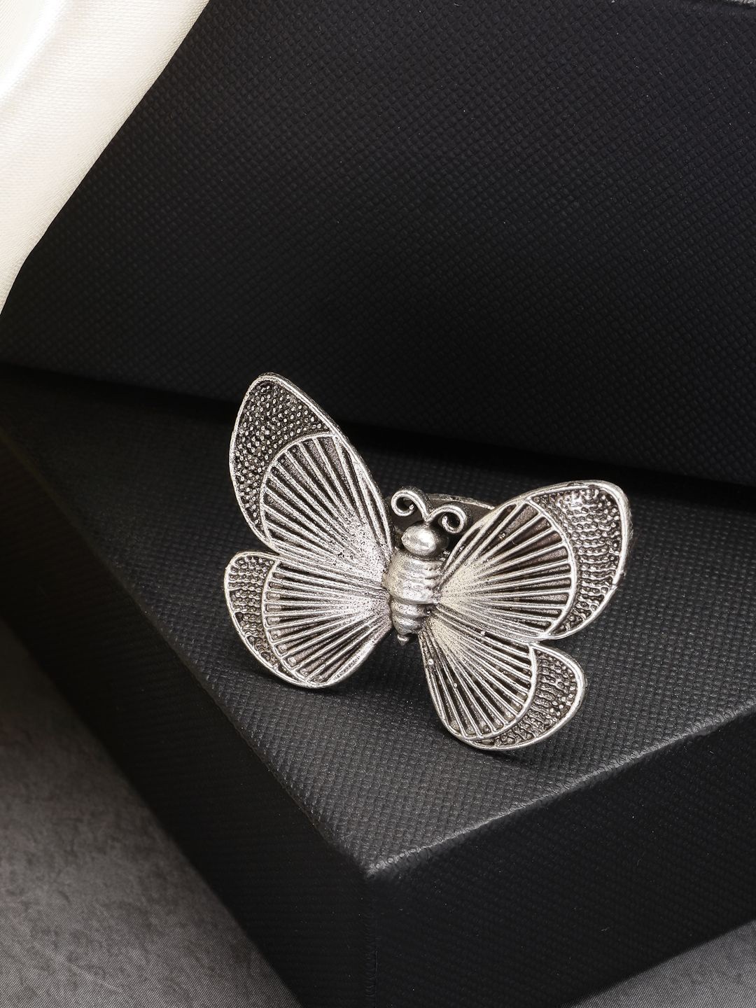 

NVR Silver-Plated Butterfly Shaped Adjustable Oxidised Finger Ring