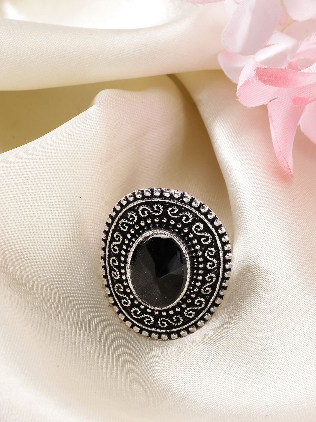 

NVR Silver-Plated Stones Studded Circular Adjustable Oxidised Finger Ring