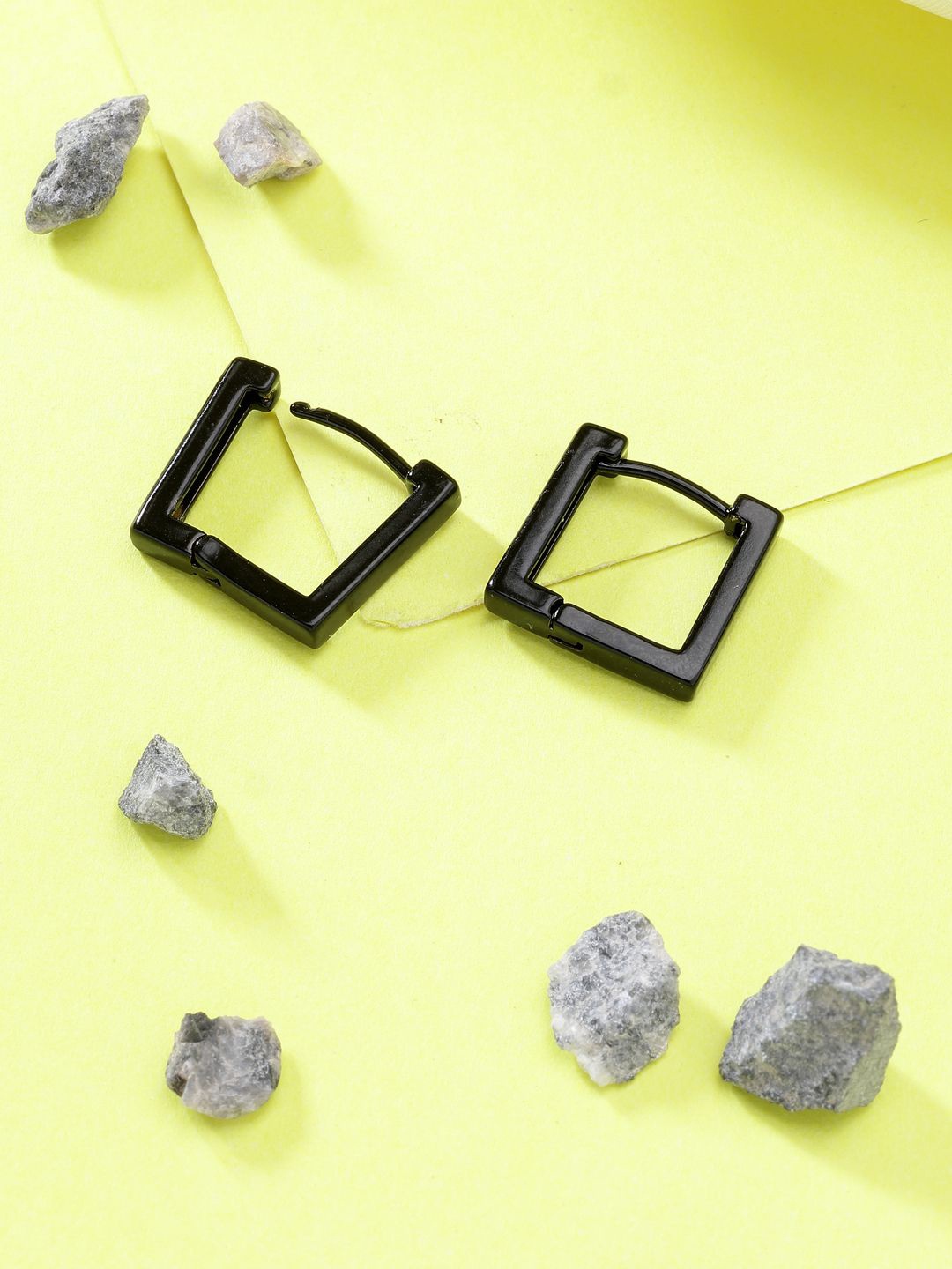

NVR Rhodium Plated Square Shaped Hoop Earrings, Black