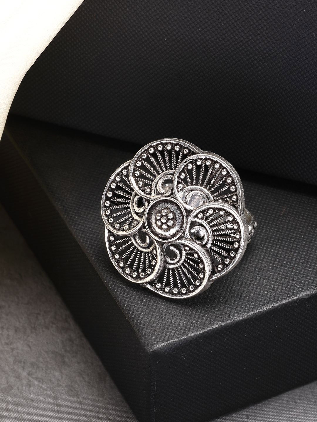 

NVR Silver-Plated German Silver Floral Shape Adjustable Finger Ring