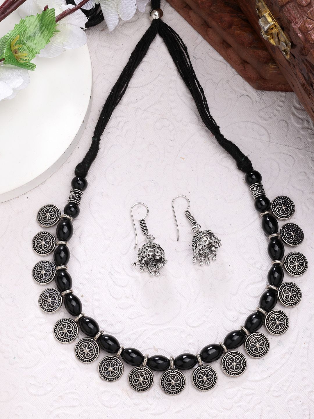 

NVR Silver-Plated Beaded Oxidized Necklace and Earrings, Black