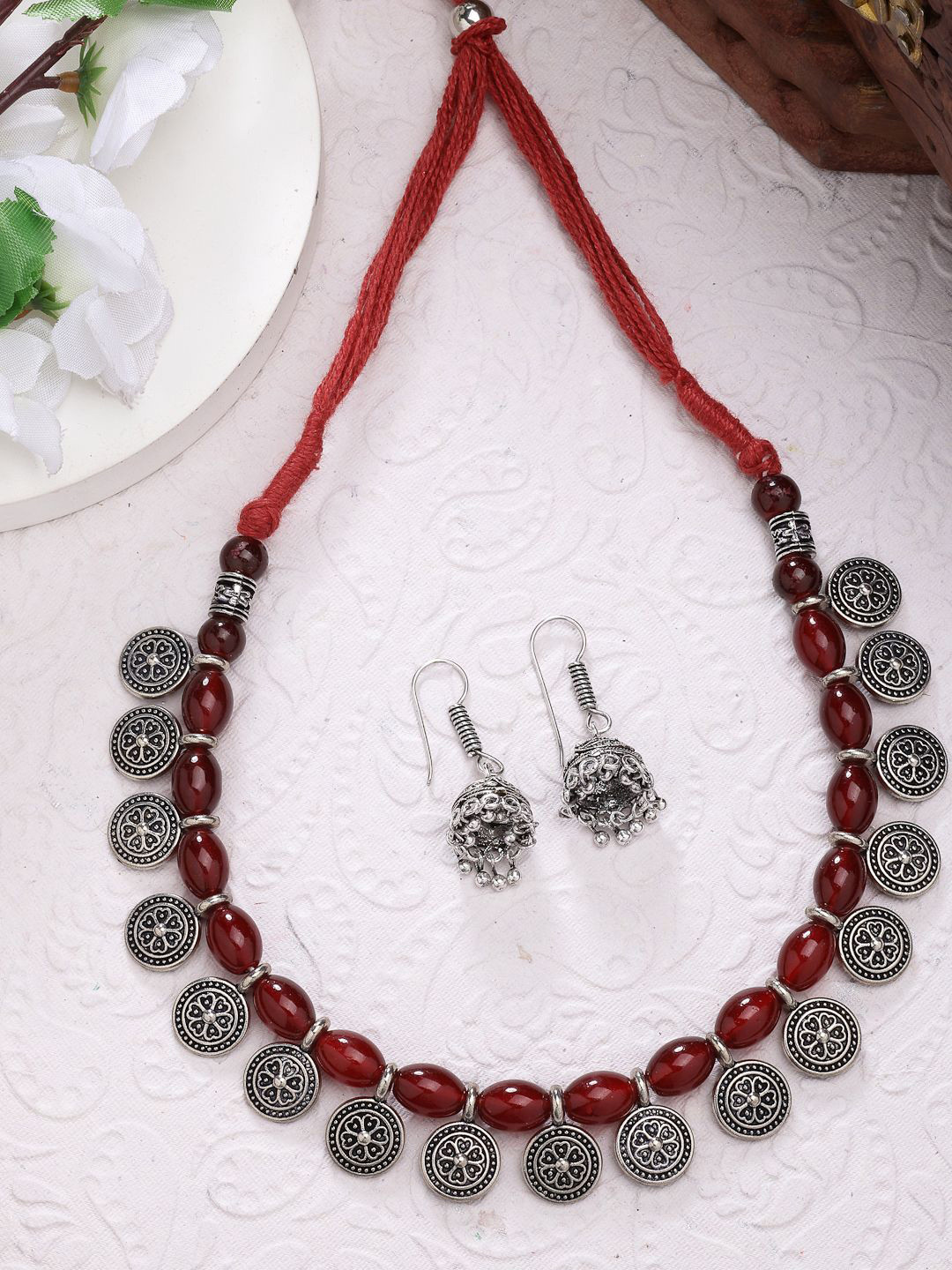 

NVR Silver Plated Beaded Oxidised Necklace and Earrings, Red