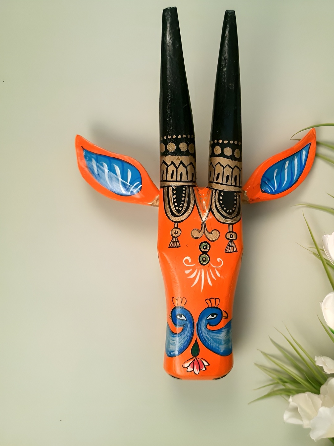 

apka mart Orange & Black Wooden Cow Head Wall Decor