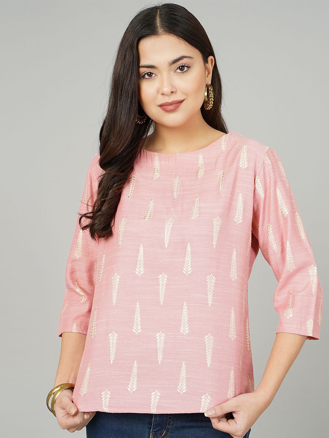 

KALINI Golden Petal Foil Printed Cotton Kurti -Cotton Top, Pink