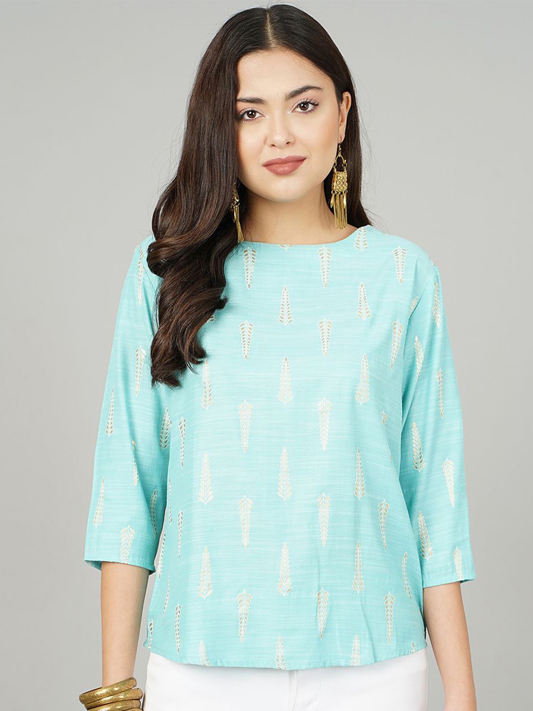 

KALINI Golden Petal Foil Printed Cotton Top, Blue