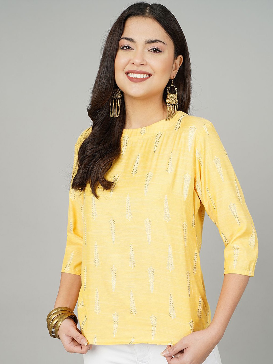 

KALINI Golden Petal Foil Printed Cotton Top, Yellow
