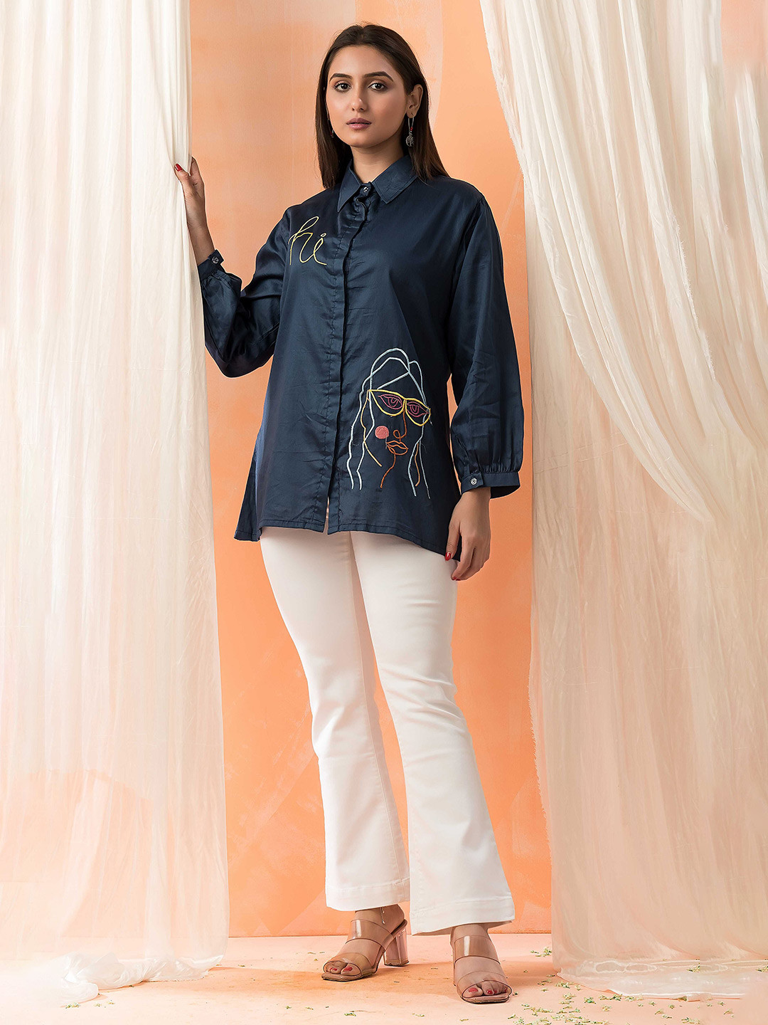 

SACRED SUTA Embroidered Shirt Collar Top, Blue
