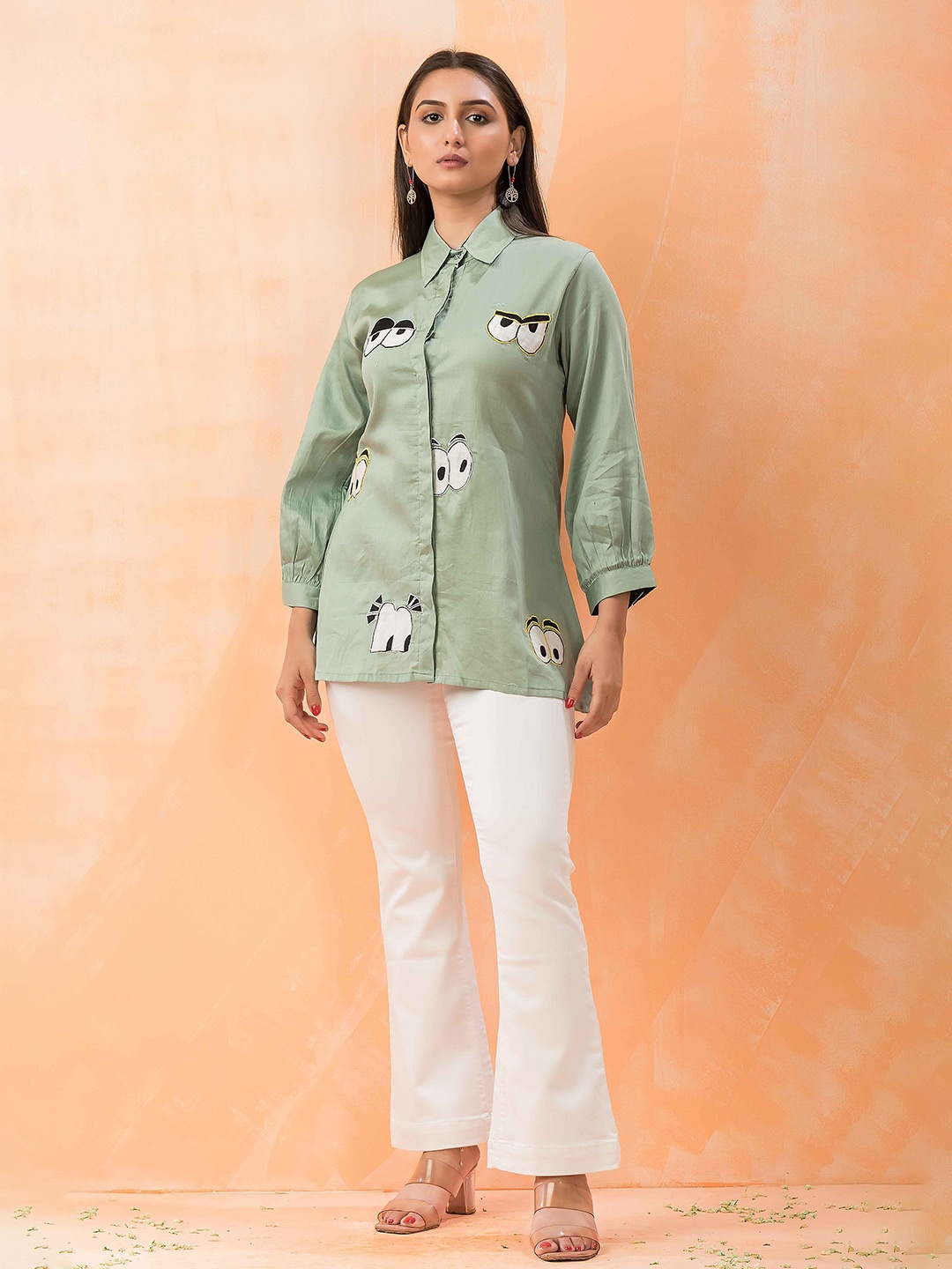 

SACRED SUTA Embroidered Shirt Collar Top, Green