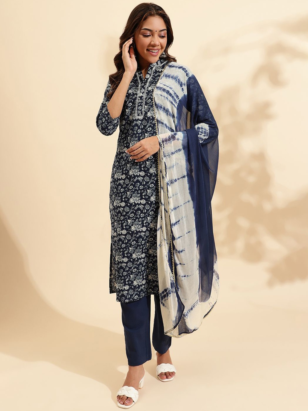 KALINI Floral Printed Thread Work Pure Cotton Straight Kurta With Trousers & Dupatta, Navy blue