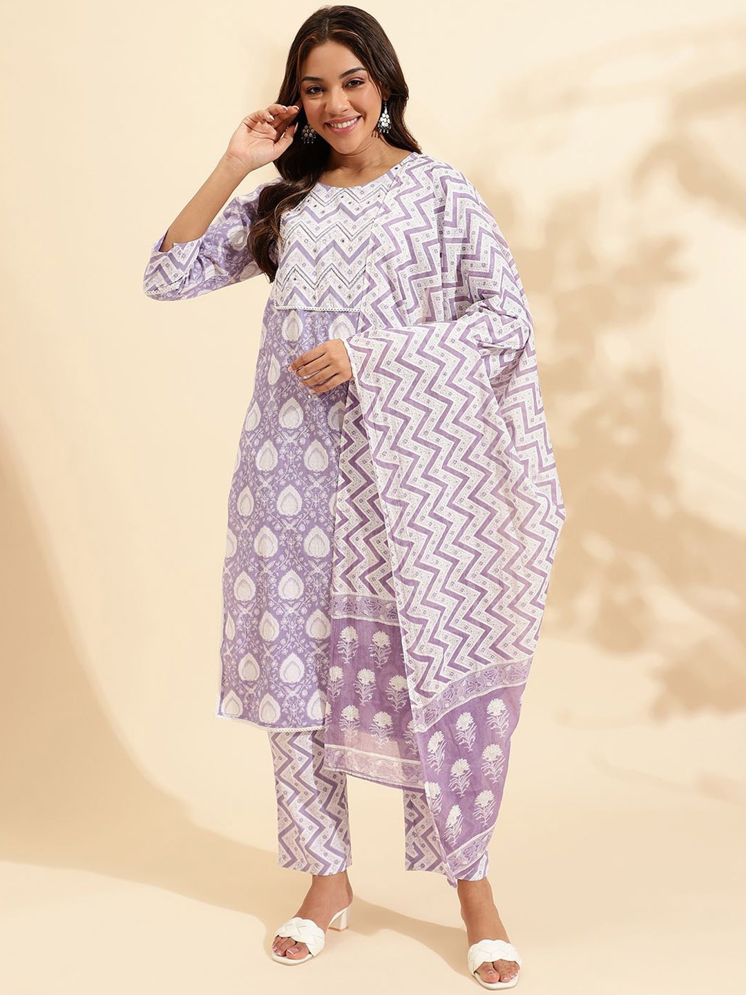 

KALINI Floral Printed Mirror Work Pure Cotton Straight Kurta With Trousers & Dupatta, Lavender