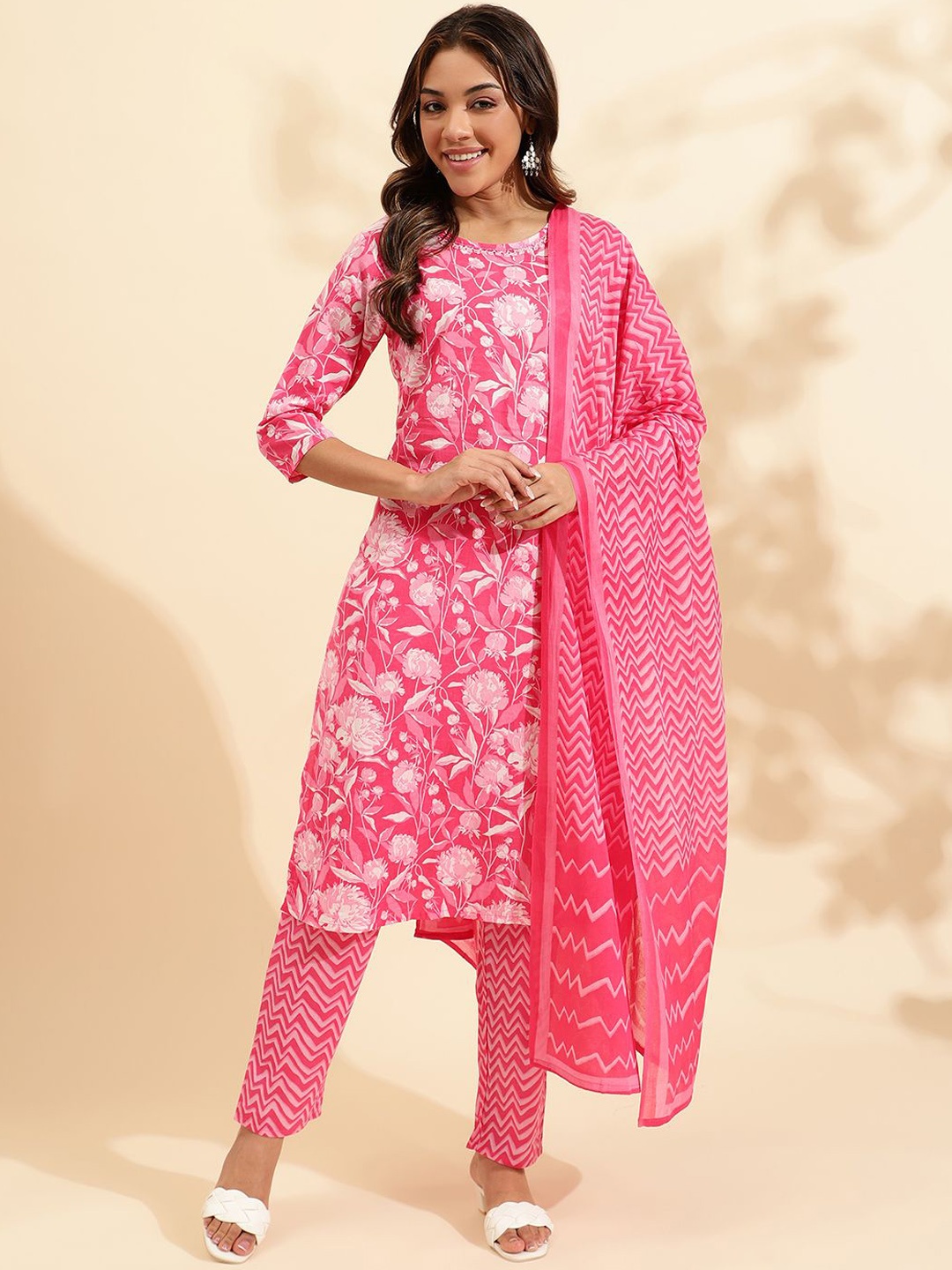 

KALINI Floral Printed Regular Sequinned Pure Cotton Straight Kurta With Trousers & Dupatta, Pink