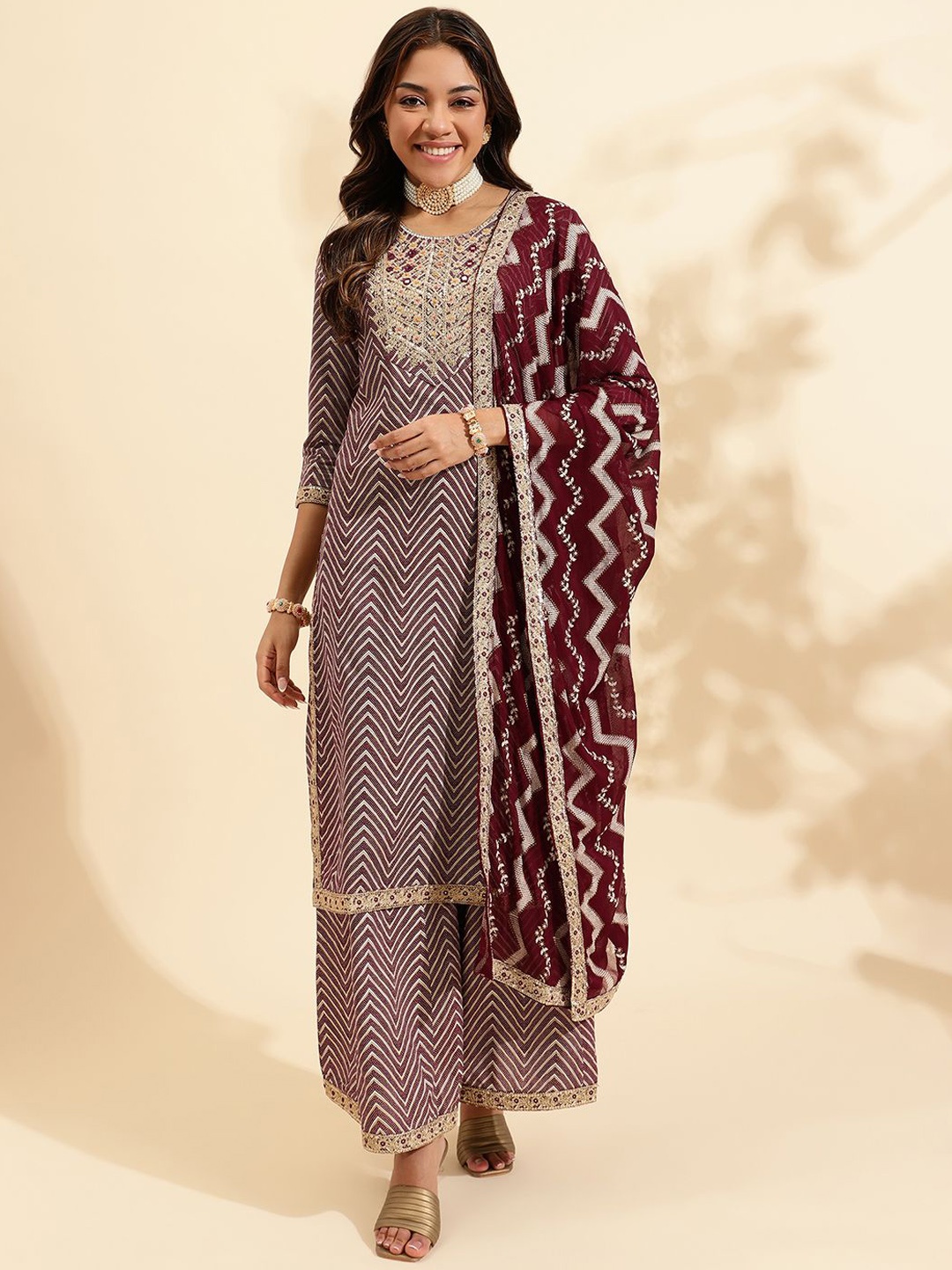 

KALINI Geometric Printed Embroidered Regular Zardozi Straight Kurta With Palazzo & Dupatta, Maroon